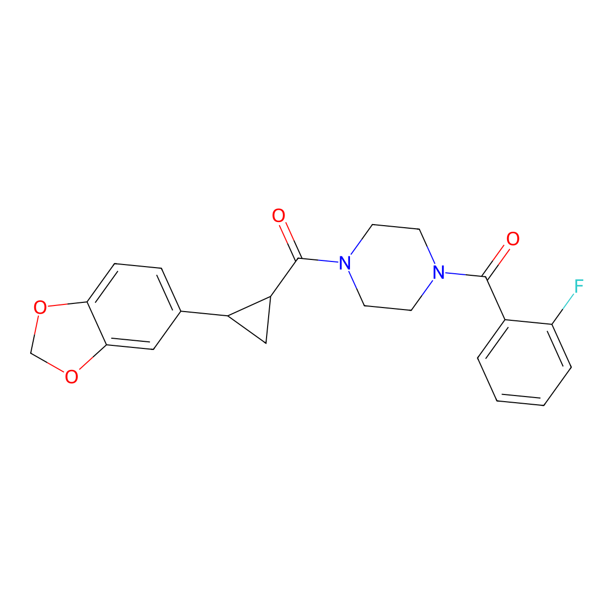 (4-(2-(Benzo[d][1,3]dioxol-5-yl)cyclopropanecarbonyl)piperazin-1-yl)(2-fluorophenyl)methanone molecular structure, CAS 1219842-27-9