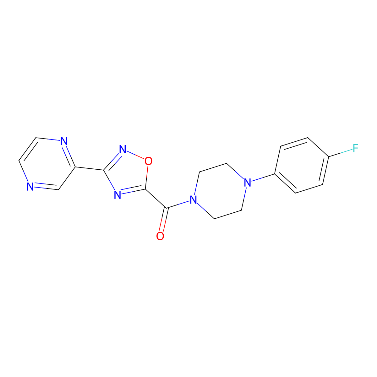 (4-(4-Fluorophenyl)piperazin-1-yl)(3-(pyrazin-2-yl)-1,2,4-oxadiazol-5-yl)methanone molecular structure, CAS 1219842-28-0