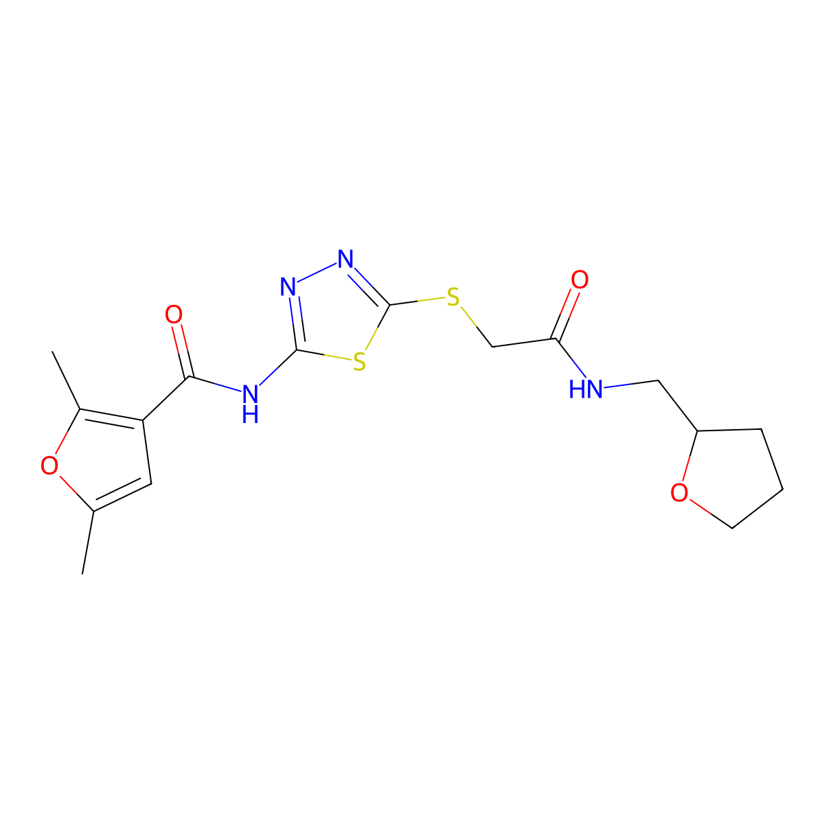 2,5-dimethyl-N-(5-((2-oxo-2-(((tetrahydrofuran-2-yl)methyl)amino)ethyl)thio)-1,3,4-thiadiazol-2-yl)furan-3-carboxamide molecular structure, CAS 1219842-35-9