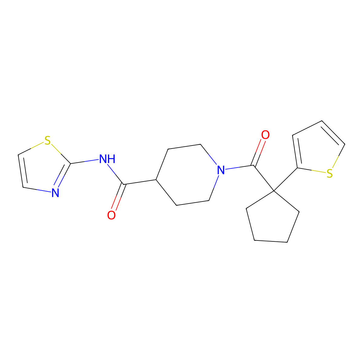 N-(thiazol-2-yl)-1-(1-(thiophen-2-yl)cyclopentanecarbonyl)piperidine-4-carboxamide molecular structure, CAS 1219842-41-7
