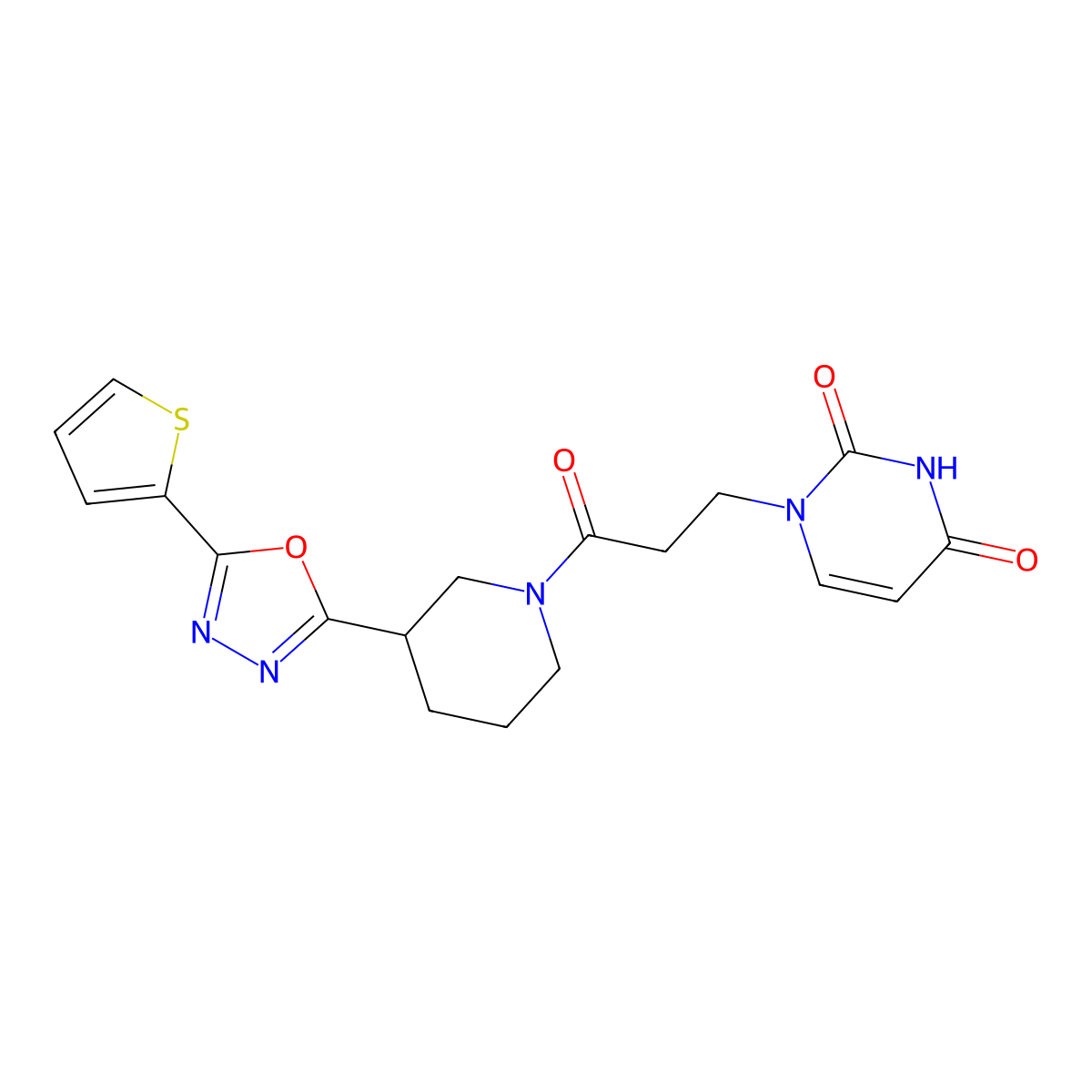1-(3-oxo-3-(3-(5-(thiophen-2-yl)-1,3,4-oxadiazol-2-yl)piperidin-1-yl)propyl)pyrimidine-2,4(1H,3H)-dione molecular structure, CAS 1219842-48-4