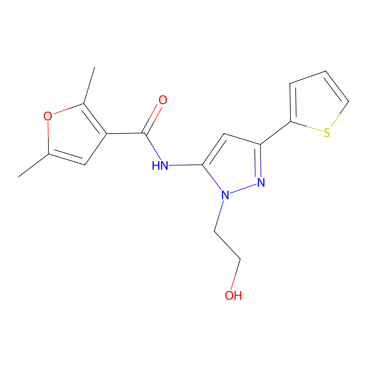 N-[1-(2-hydroxyethyl)-3-(thiophen-2-yl)-1H-pyrazol-5-yl]-2,5-dimethylfuran-3-carboxamide molecular structure, CAS 1219842-49-5