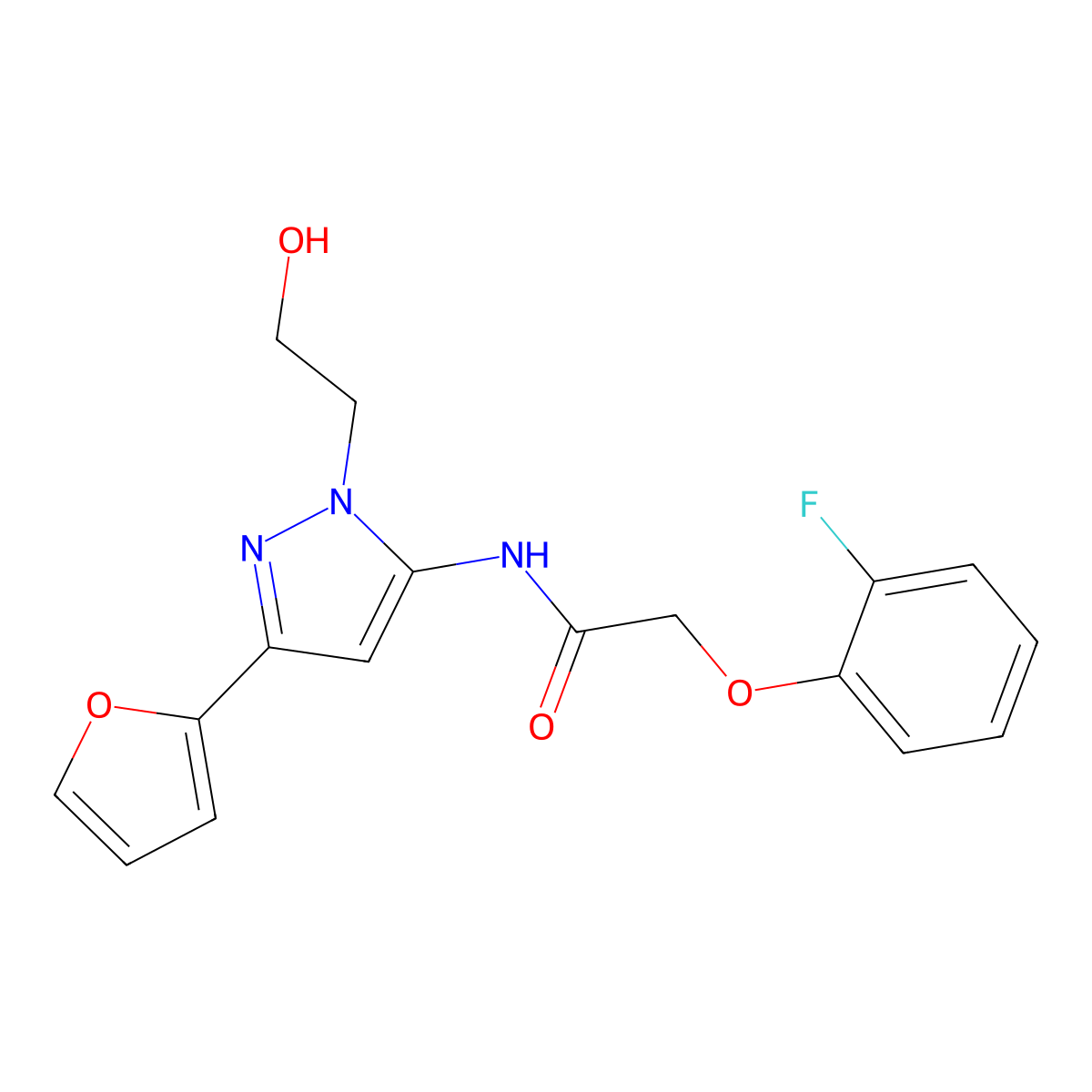 2-(2-fluorophenoxy)-N-(3-(furan-2-yl)-1-(2-hydroxyethyl)-1H-pyrazol-5-yl)acetamide molecular structure, CAS 1219842-50-8