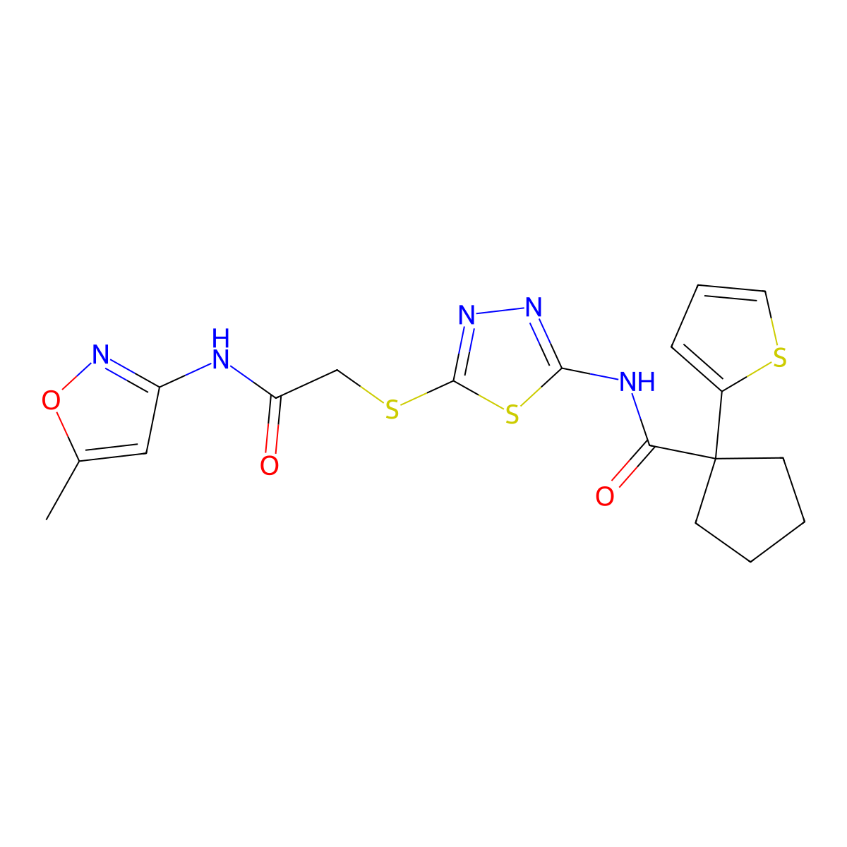 N-(5-((2-((5-methylisoxazol-3-yl)amino)-2-oxoethyl)thio)-1,3,4-thiadiazol-2-yl)-1-(thiophen-2-yl)cyclopentanecarboxamide molecular structure, CAS 1219842-51-9