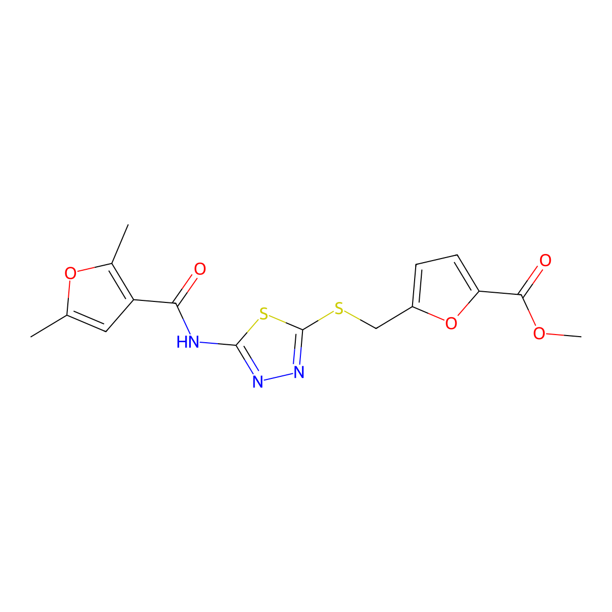 Methyl 5-(((5-(2,5-dimethylfuran-3-carboxamido)-1,3,4-thiadiazol-2-yl)thio)methyl)furan-2-carboxylate molecular structure, CAS 1219842-60-0