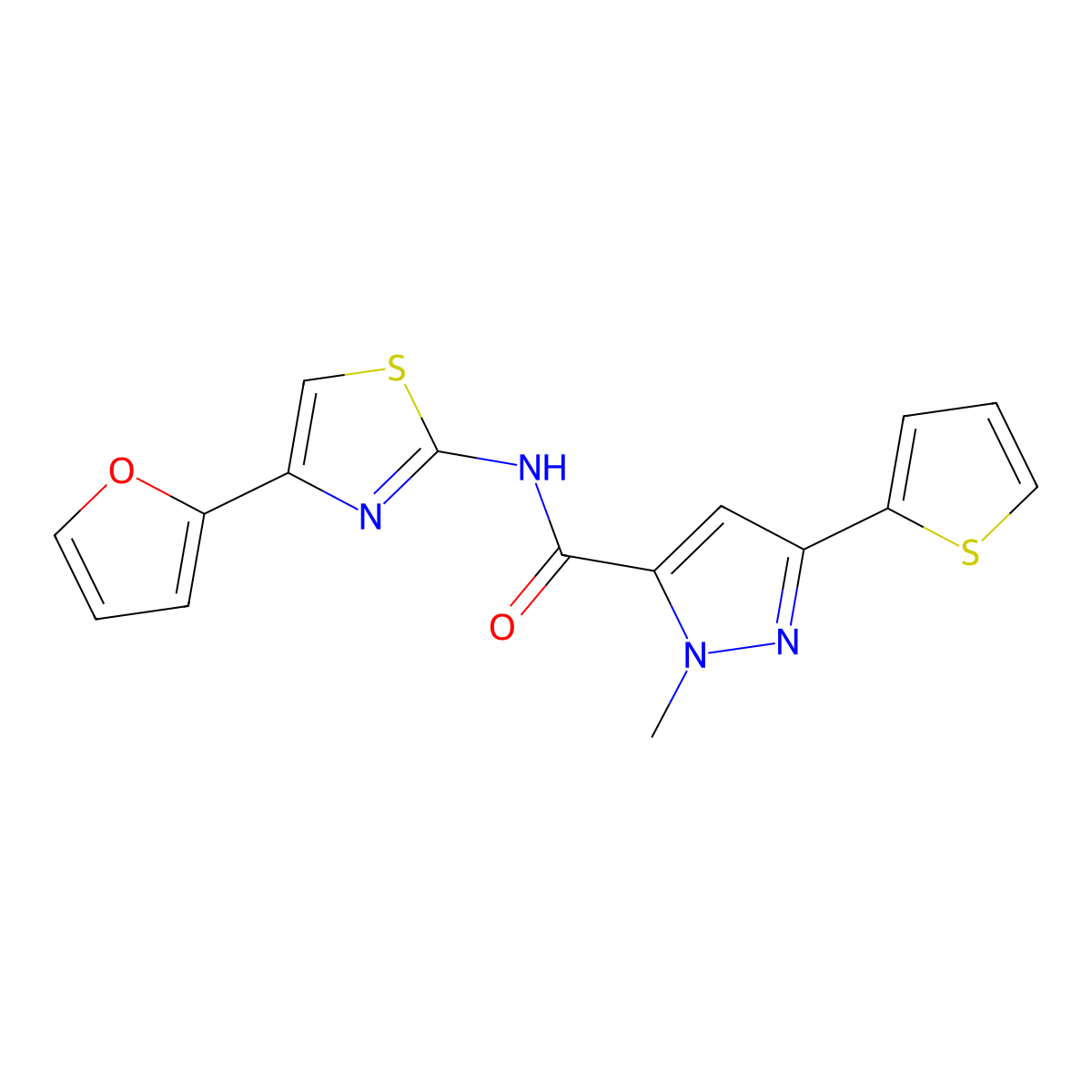 N-(4-(furan-2-yl)thiazol-2-yl)-1-methyl-3-(thiophen-2-yl)-1H-pyrazole-5-carboxamide molecular structure, CAS 1219842-66-6