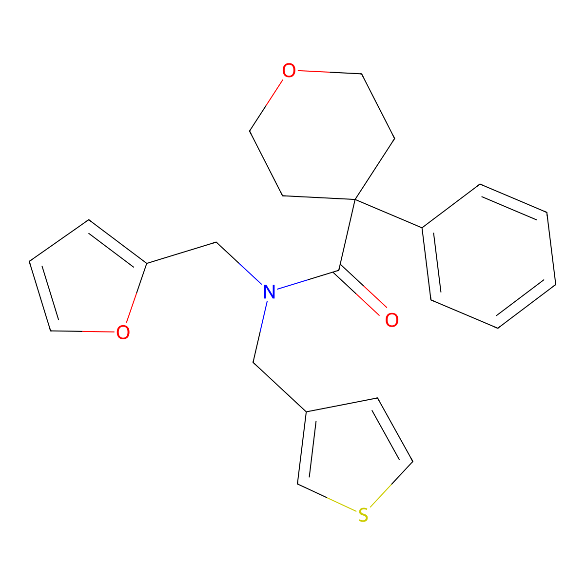 N-(furan-2-ylmethyl)-4-phenyl-N-(thiophen-3-ylmethyl)tetrahydro-2H-pyran-4-carboxamide molecular structure, CAS 1219844-30-0