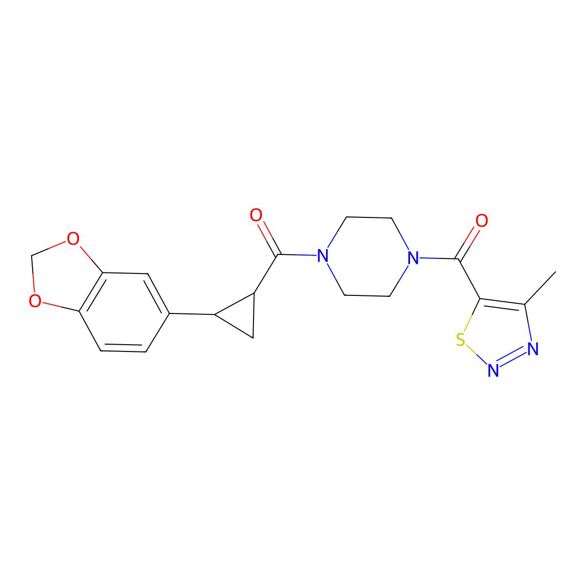 (4-(2-(Benzo[d][1,3]dioxol-5-yl)cyclopropanecarbonyl)piperazin-1-yl)(4-methyl-1,2,3-thiadiazol-5-yl)methanone molecular structure, CAS 1219844-41-3