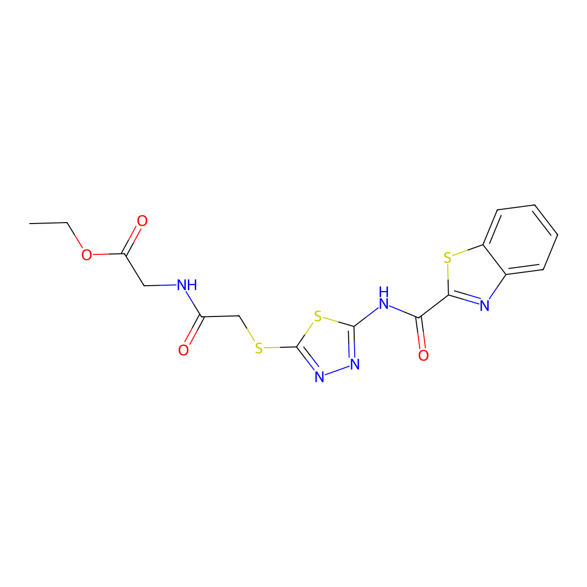 Ethyl 2-(2-((5-(benzo[d]thiazole-2-carboxamido)-1,3,4-thiadiazol-2-yl)thio)acetamido)acetate molecular structure, CAS 1219844-49-1