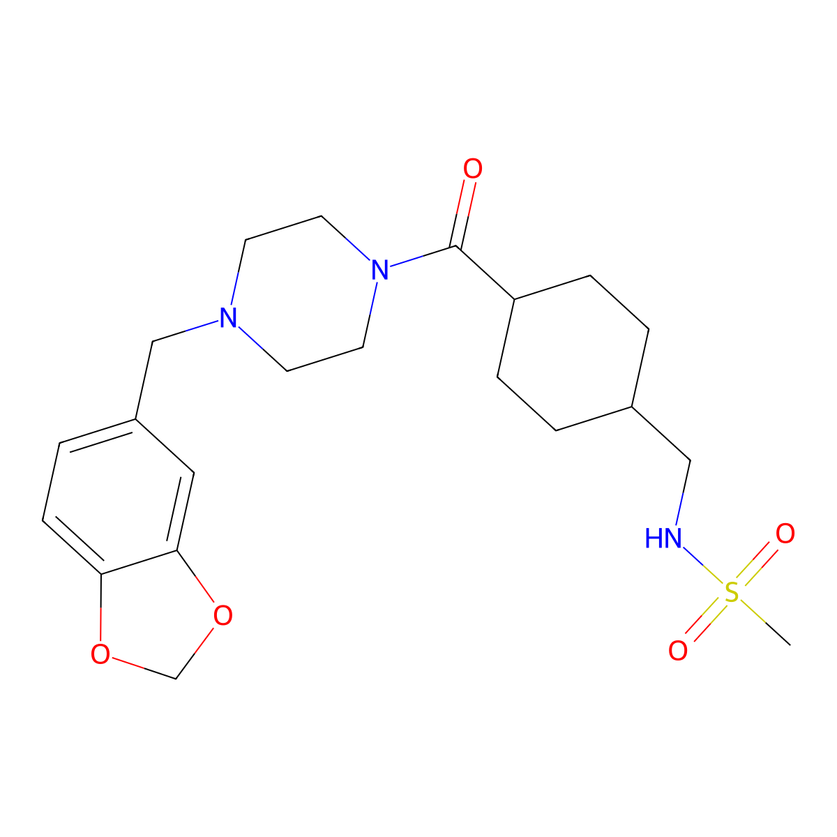 N-((4-(4-(benzo[d][1,3]dioxol-5-ylmethyl)piperazine-1-carbonyl)cyclohexyl)methyl)methanesulfonamide molecular structure, CAS 1219844-53-7