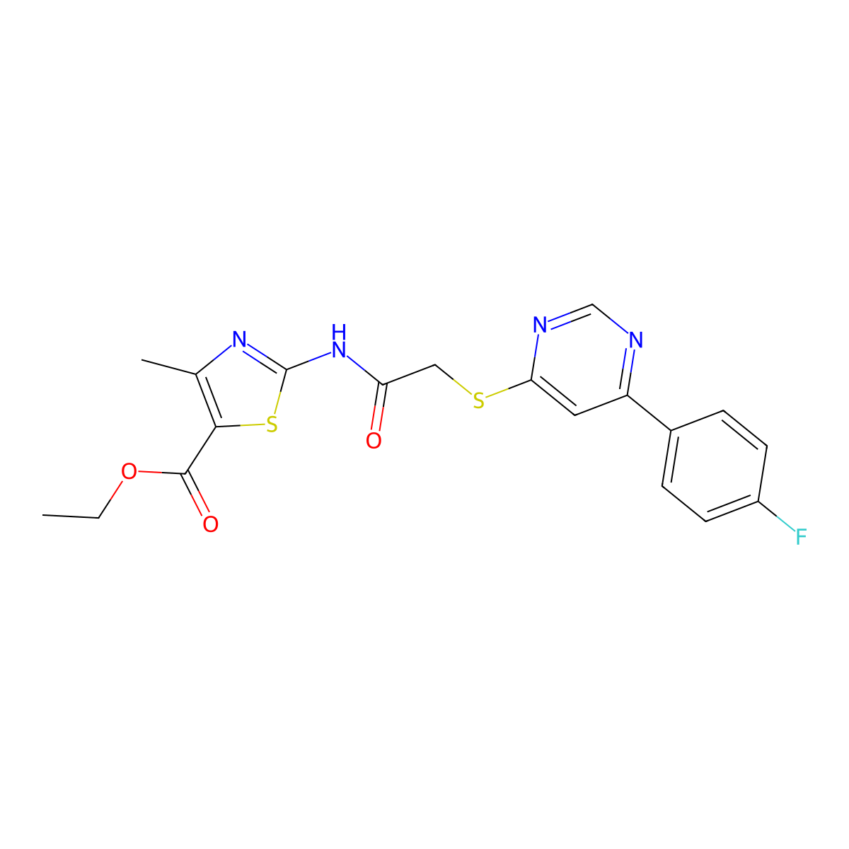 Ethyl 2-(2-((6-(4-fluorophenyl)pyrimidin-4-yl)thio)acetamido)-4-methylthiazole-5-carboxylate molecular structure, CAS 1219844-56-0
