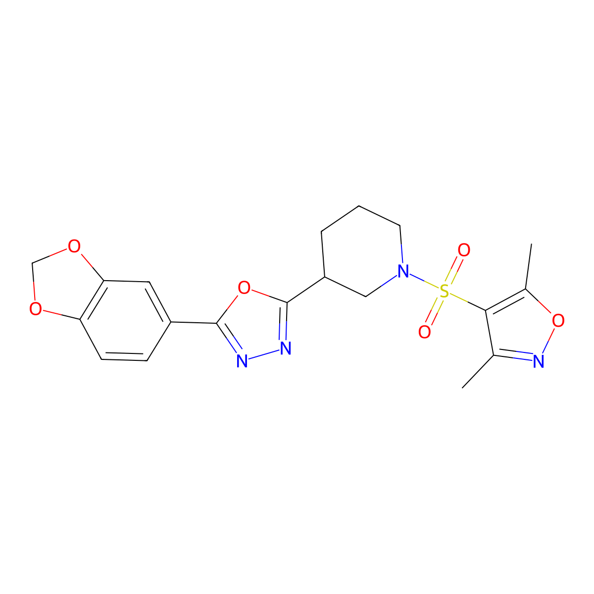 2-(Benzo[d][1,3]dioxol-5-yl)-5-(1-((3,5-dimethylisoxazol-4-yl)sulfonyl)piperidin-3-yl)-1,3,4-oxadiazole molecular structure, CAS 1219844-57-1