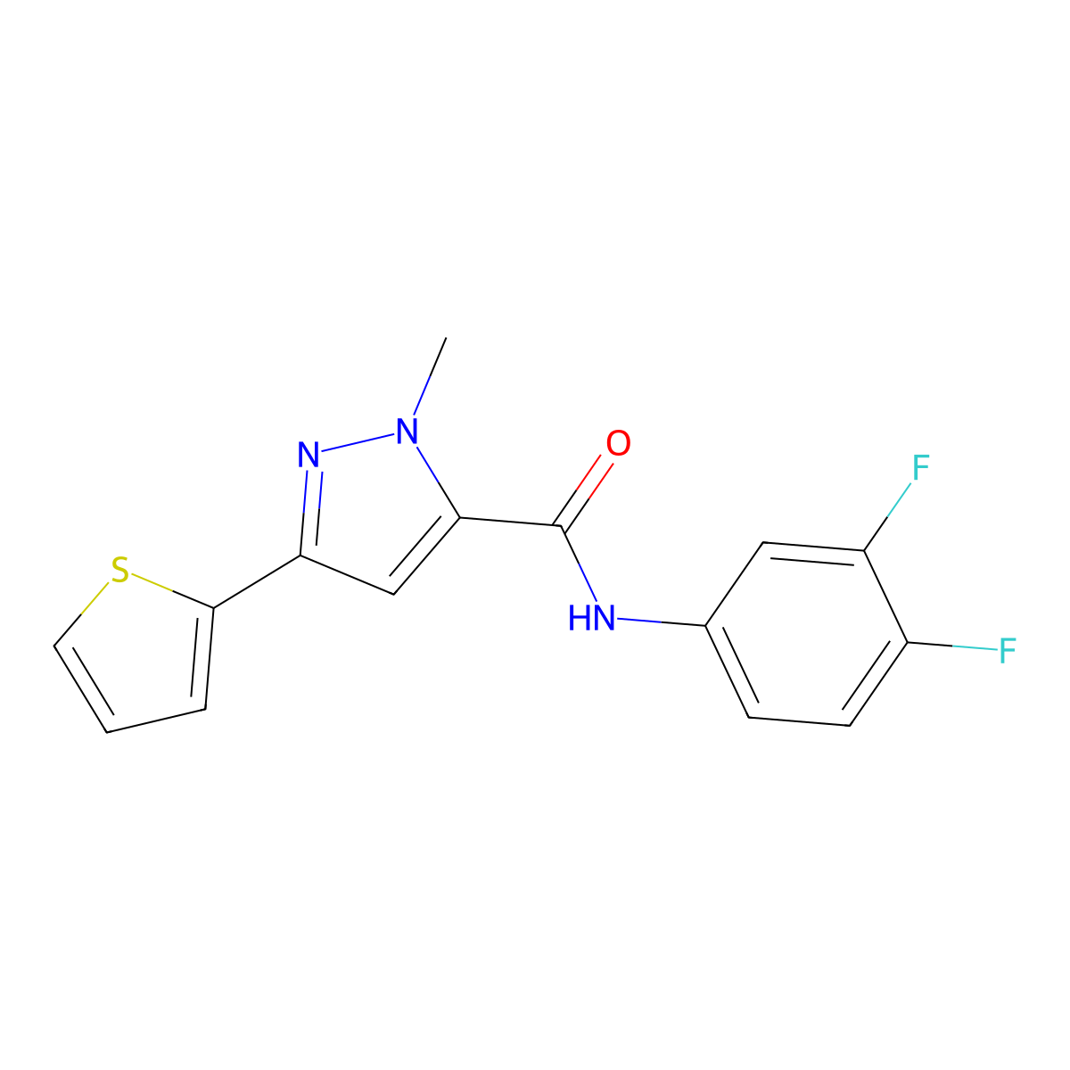 N-(3,4-difluorophenyl)-1-methyl-3-(thiophen-2-yl)-1H-pyrazole-5-carboxamide molecular structure, CAS 1219844-62-8