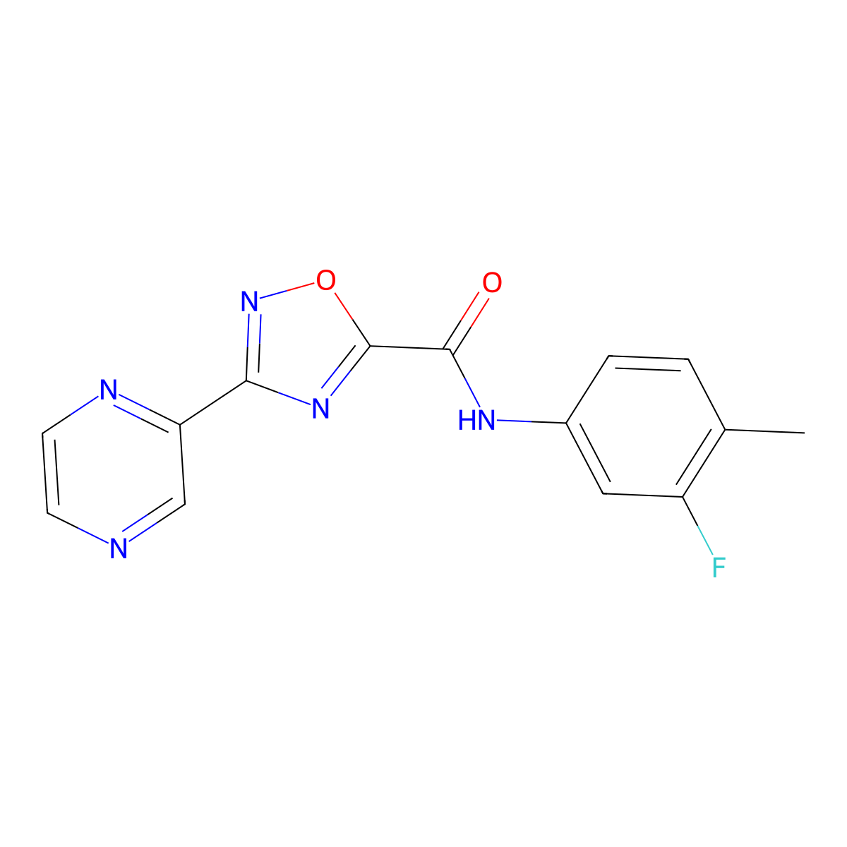N-(3-fluoro-4-methylphenyl)-3-(pyrazin-2-yl)-1,2,4-oxadiazole-5-carboxamide molecular structure, CAS 1219844-65-1