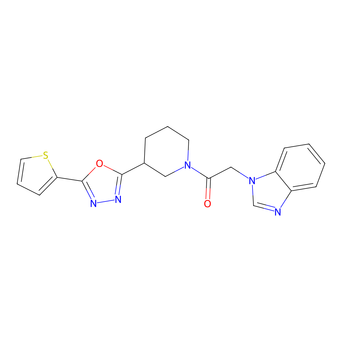 2-(1H-benzo[d]imidazol-1-yl)-1-(3-(5-(thiophen-2-yl)-1,3,4-oxadiazol-2-yl)piperidin-1-yl)ethanone molecular structure, CAS 1219844-73-1