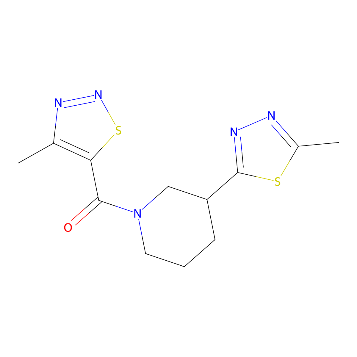 (4-Methyl-1,2,3-thiadiazol-5-yl)(3-(5-methyl-1,3,4-thiadiazol-2-yl)piperidin-1-yl)methanone molecular structure, CAS 1219844-74-2