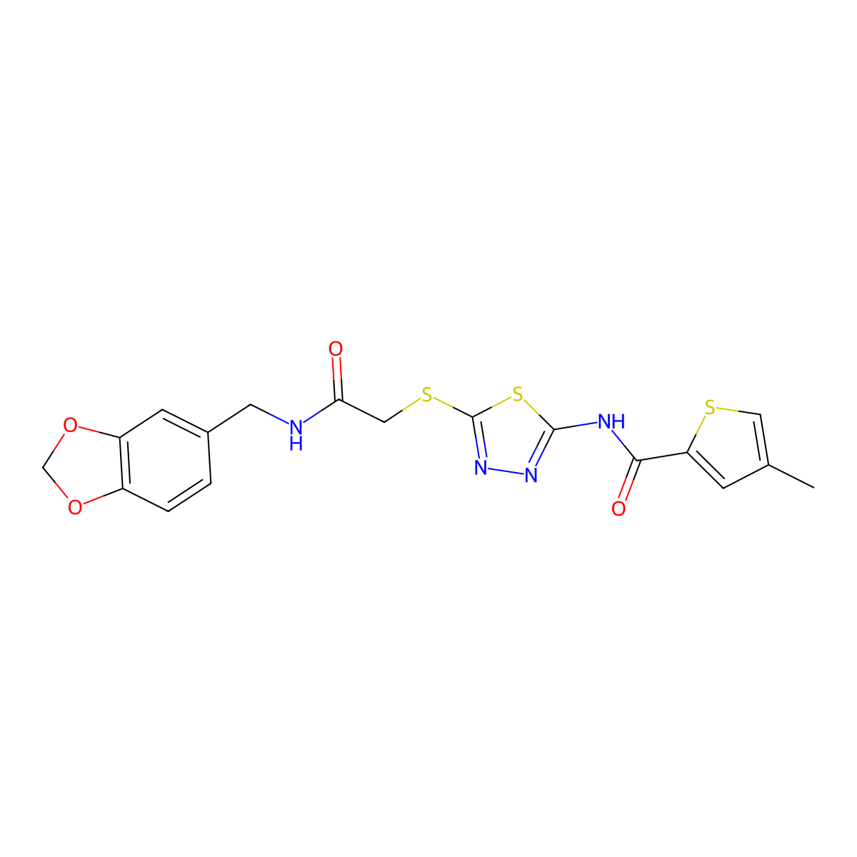 N-(5-((2-((benzo[d][1,3]dioxol-5-ylmethyl)amino)-2-oxoethyl)thio)-1,3,4-thiadiazol-2-yl)-4-methylthiophene-2-carboxamide molecular structure, CAS 1219844-86-6