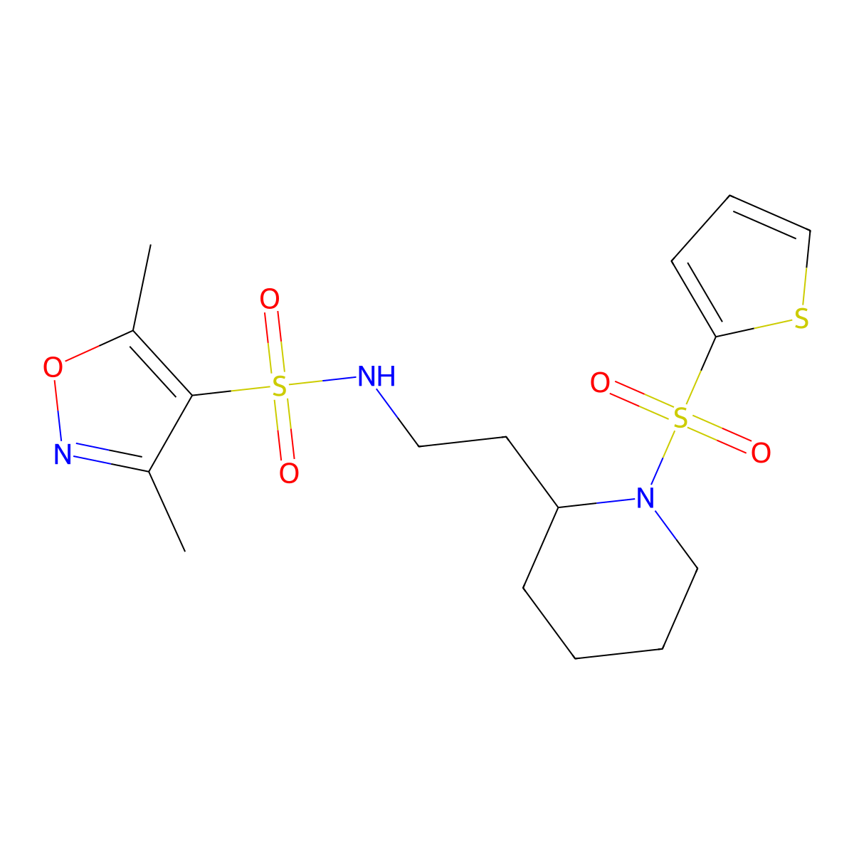 3,5-dimethyl-N-(2-(1-(thiophen-2-ylsulfonyl)piperidin-2-yl)ethyl)isoxazole-4-sulfonamide molecular structure, CAS 1219844-88-8