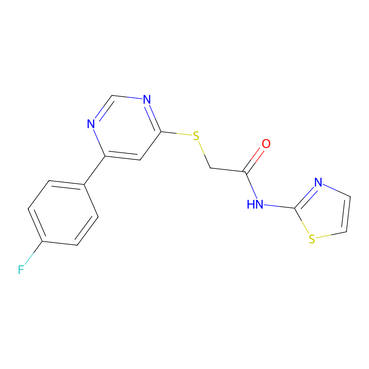 2-((6-(4-fluorophenyl)pyrimidin-4-yl)thio)-N-(thiazol-2-yl)acetamide molecular structure, CAS 1219845-07-4