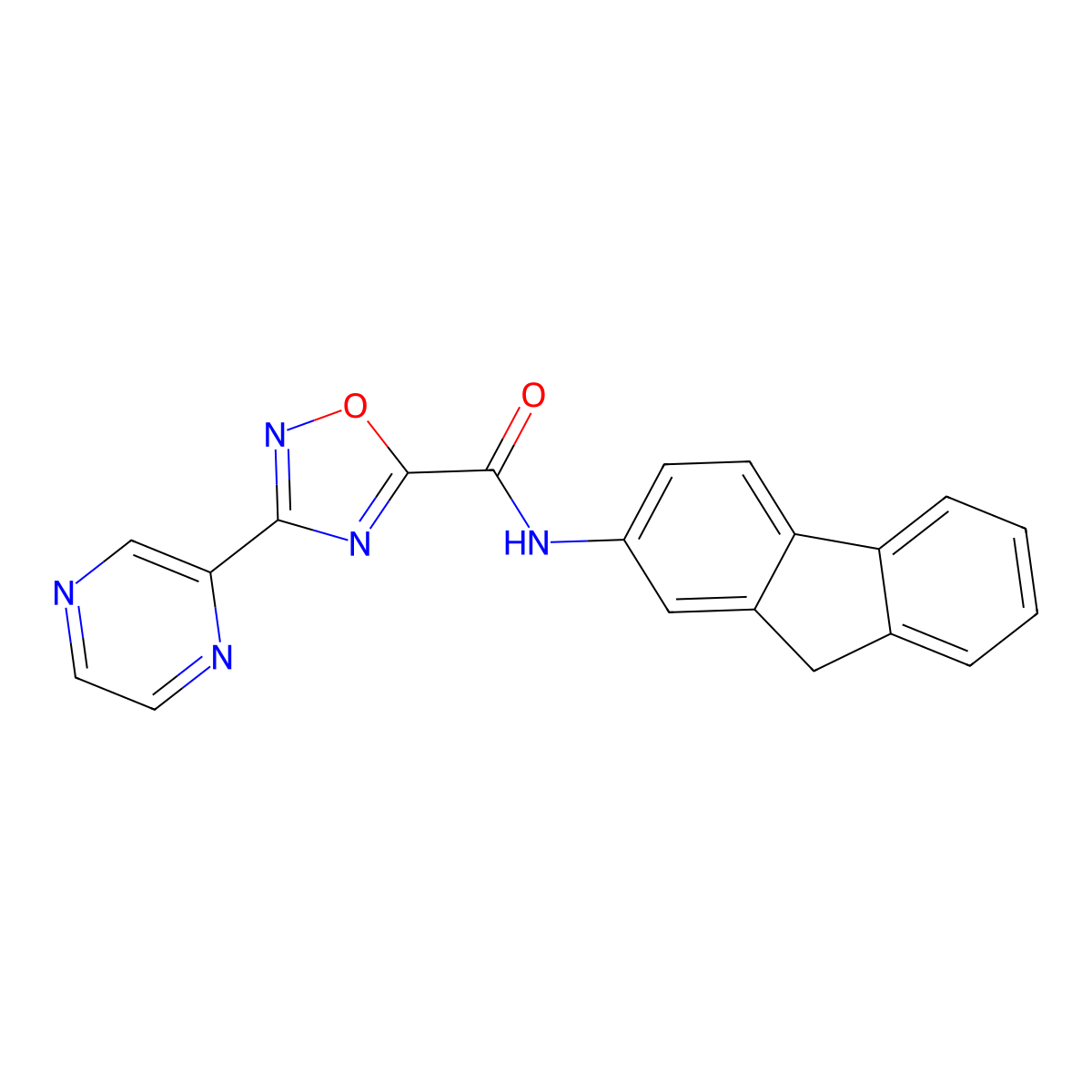 N-(9H-fluoren-2-yl)-3-(pyrazin-2-yl)-1,2,4-oxadiazole-5-carboxamide molecular structure, CAS 1219845-15-4