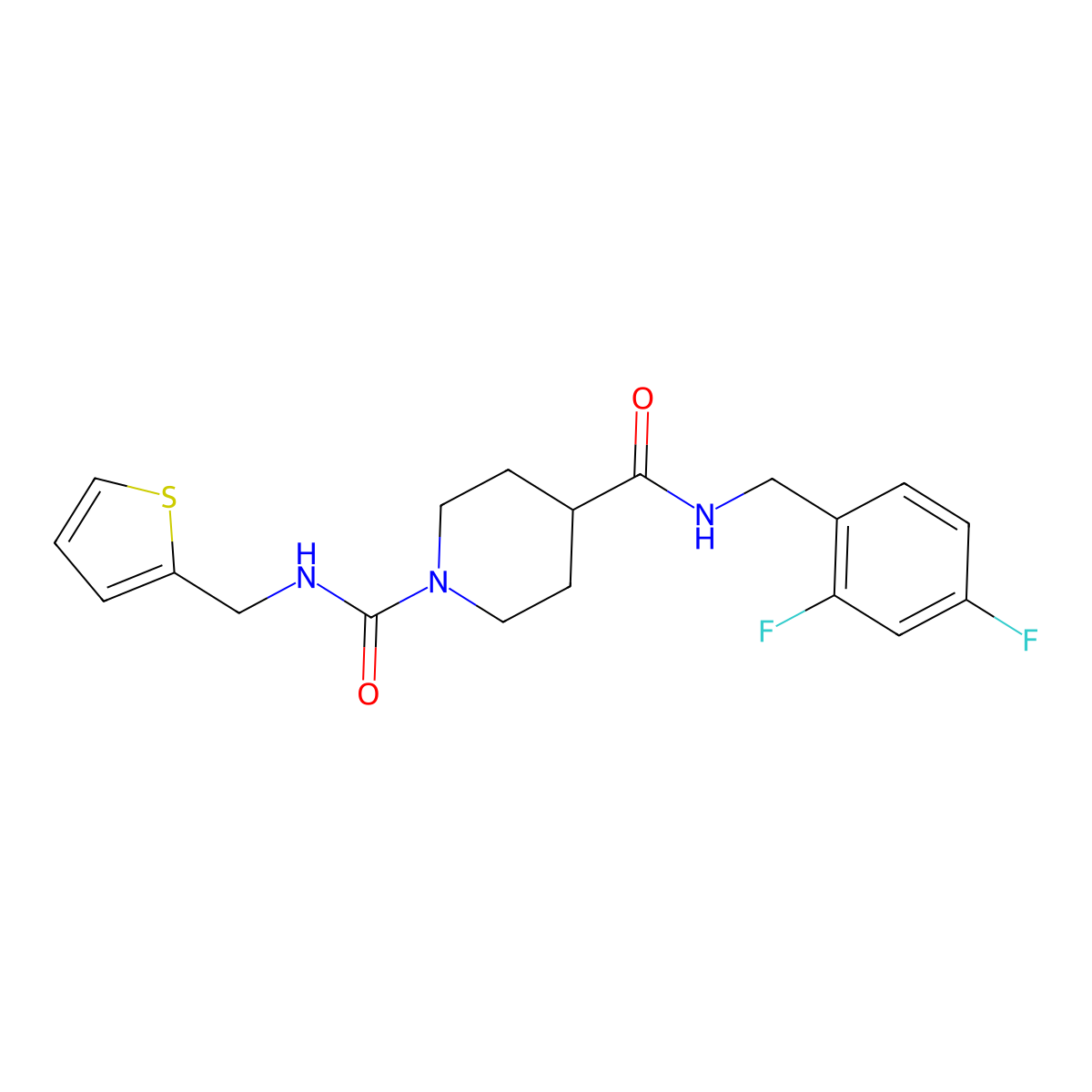 N4-(2,4-difluorobenzyl)-N1-(thiophen-2-ylmethyl)piperidine-1,4-dicarboxamide molecular structure, CAS 1219901-56-0
