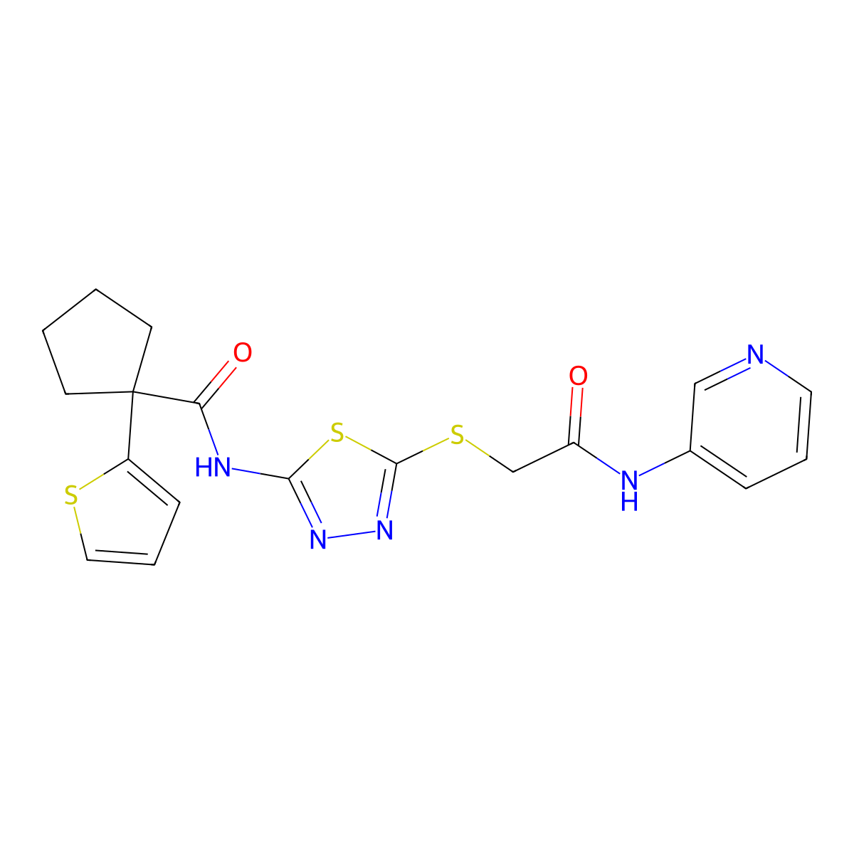 N-(5-((2-oxo-2-(pyridin-3-ylamino)ethyl)thio)-1,3,4-thiadiazol-2-yl)-1-(thiophen-2-yl)cyclopentanecarboxamide molecular structure, CAS 1219901-67-3