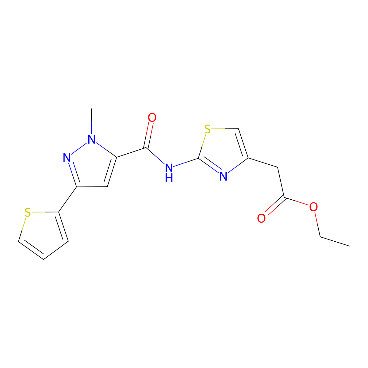 ethyl 2-(2-(1-methyl-3-(thiophen-2-yl)-1H-pyrazole-5-carboxamido)thiazol-4-yl)acetate molecular structure, CAS 1219901-75-3