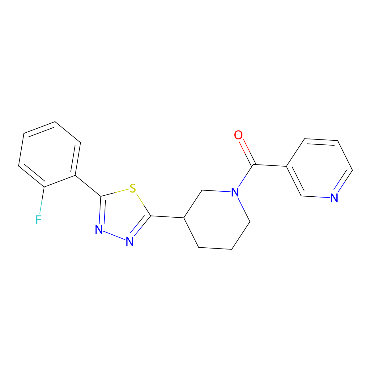 (3-(5-(2-Fluorophenyl)-1,3,4-thiadiazol-2-yl)piperidin-1-yl)(pyridin-3-yl)methanone molecular structure, CAS 1219901-79-7