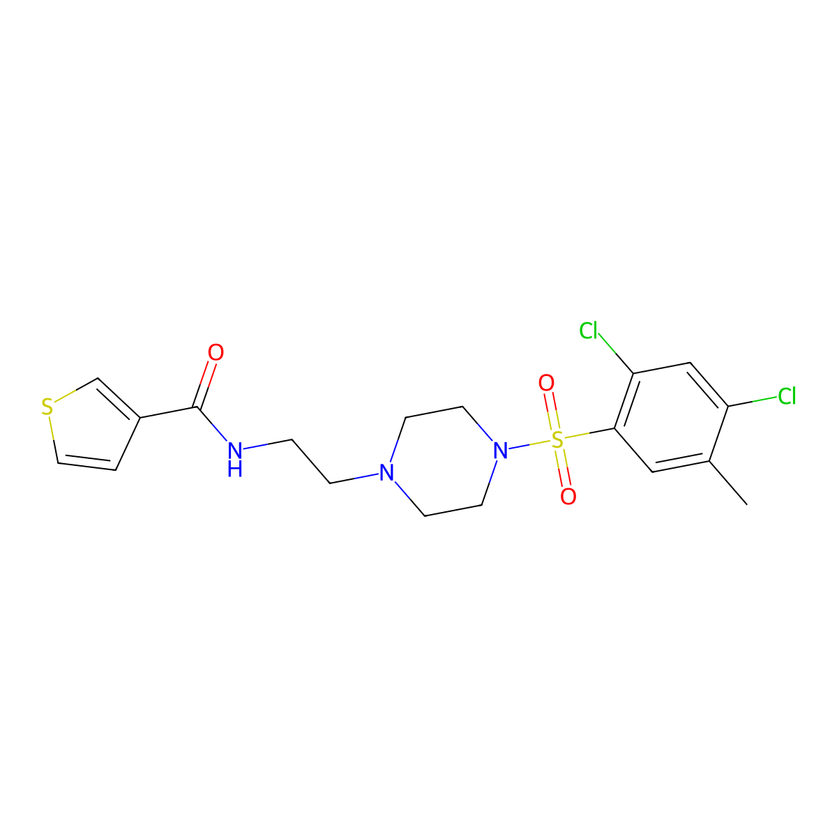 N-(2-(4-((2,4-dichloro-5-methylphenyl)sulfonyl)piperazin-1-yl)ethyl)thiophene-3-carboxamide molecular structure, CAS 1219901-80-0