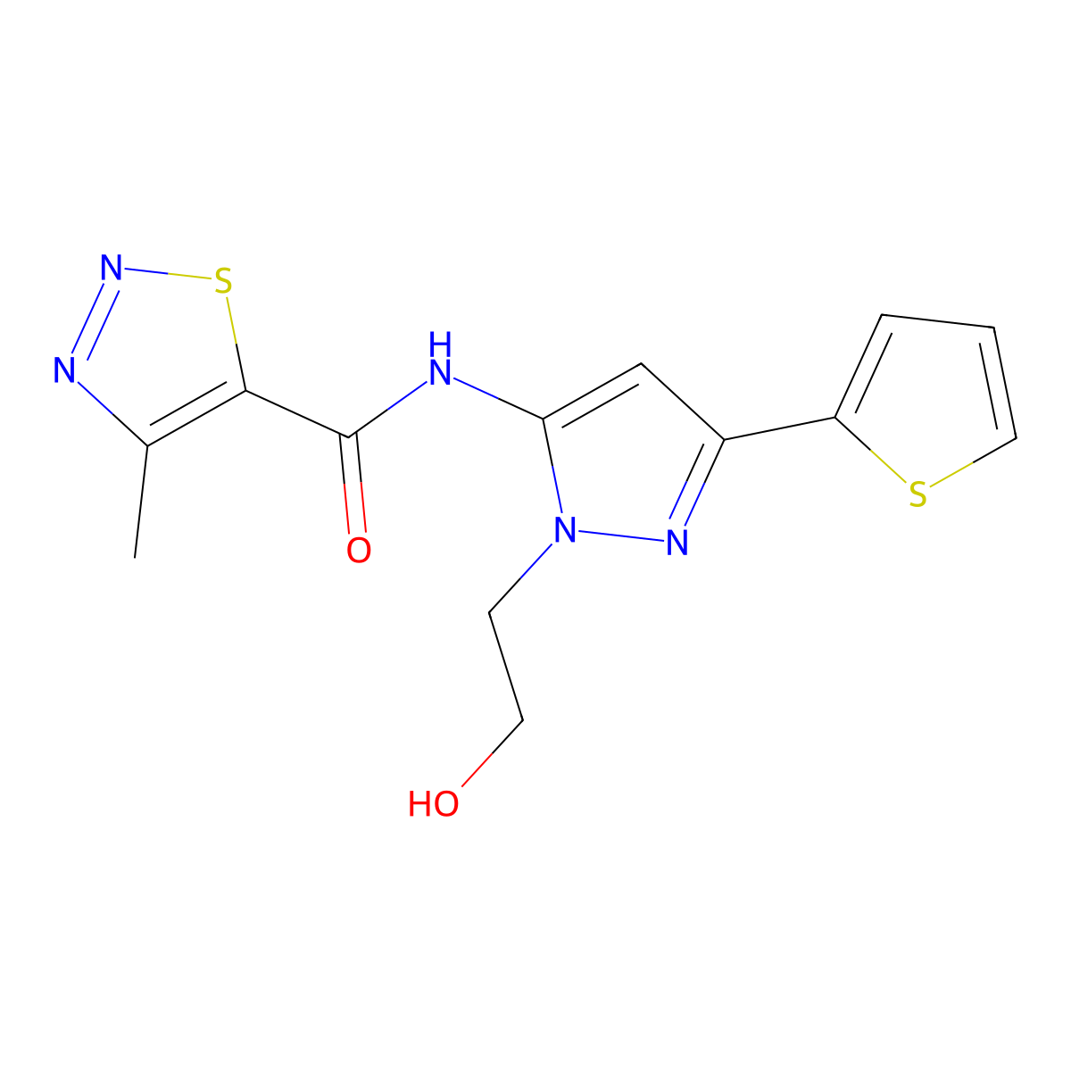 N-(1-(2-hydroxyethyl)-3-(thiophen-2-yl)-1H-pyrazol-5-yl)-4-methyl-1,2,3-thiadiazole-5-carboxamide molecular structure, CAS 1219901-90-2