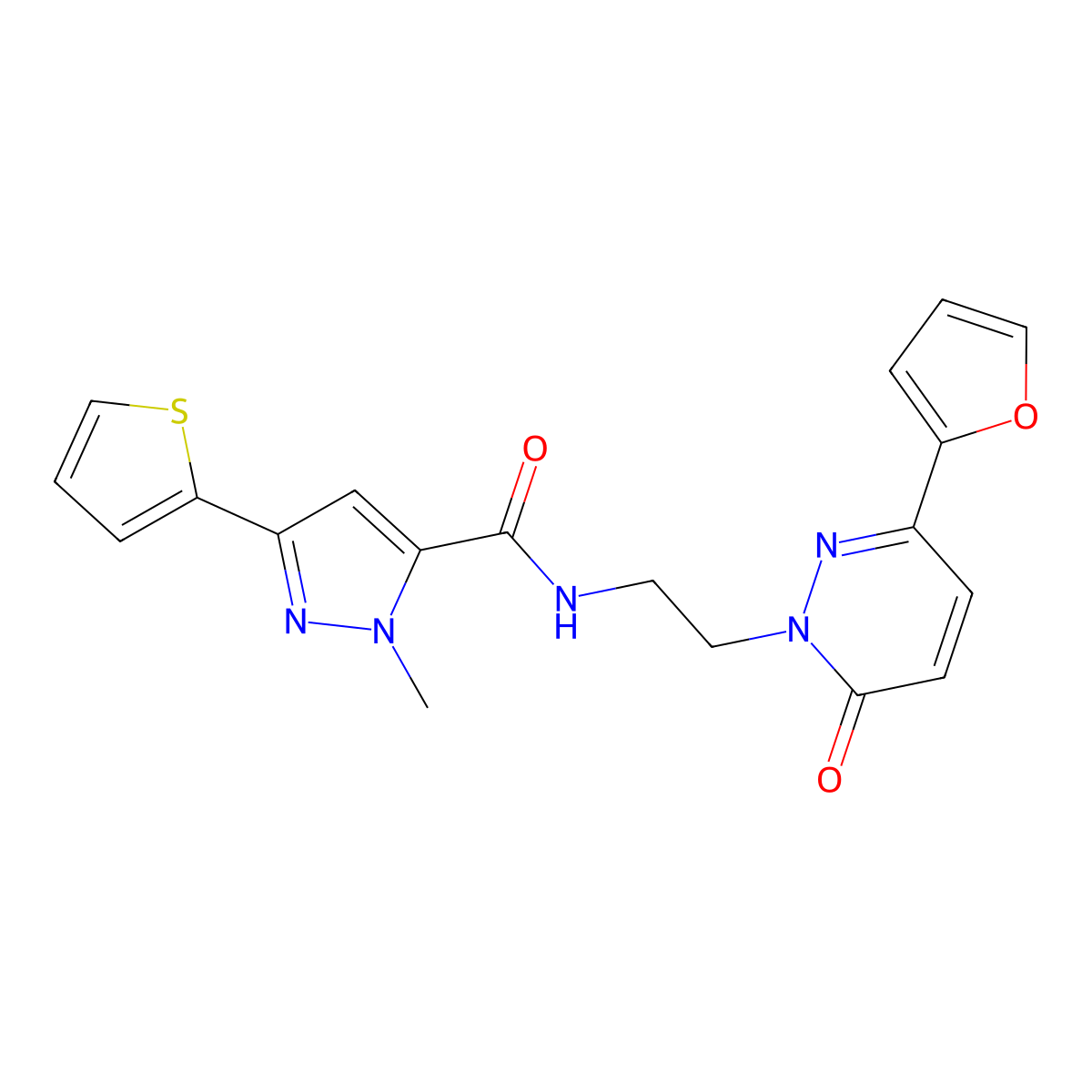 N-(2-(3-(furan-2-yl)-6-oxopyridazin-1(6H)-yl)ethyl)-1-methyl-3-(thiophen-2-yl)-1H-pyrazole-5-carboxamide molecular structure, CAS 1219901-97-9