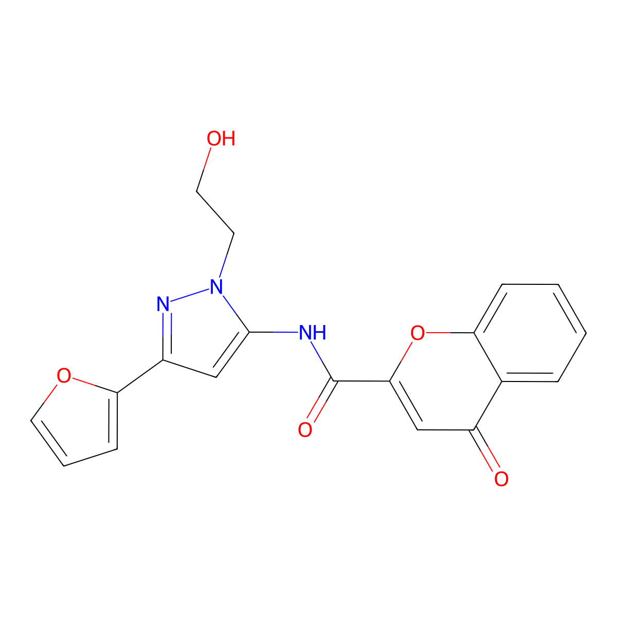 N-(3-(furan-2-yl)-1-(2-hydroxyethyl)-1H-pyrazol-5-yl)-4-oxo-4H-chromene-2-carboxamide molecular structure, CAS 1219902-00-7