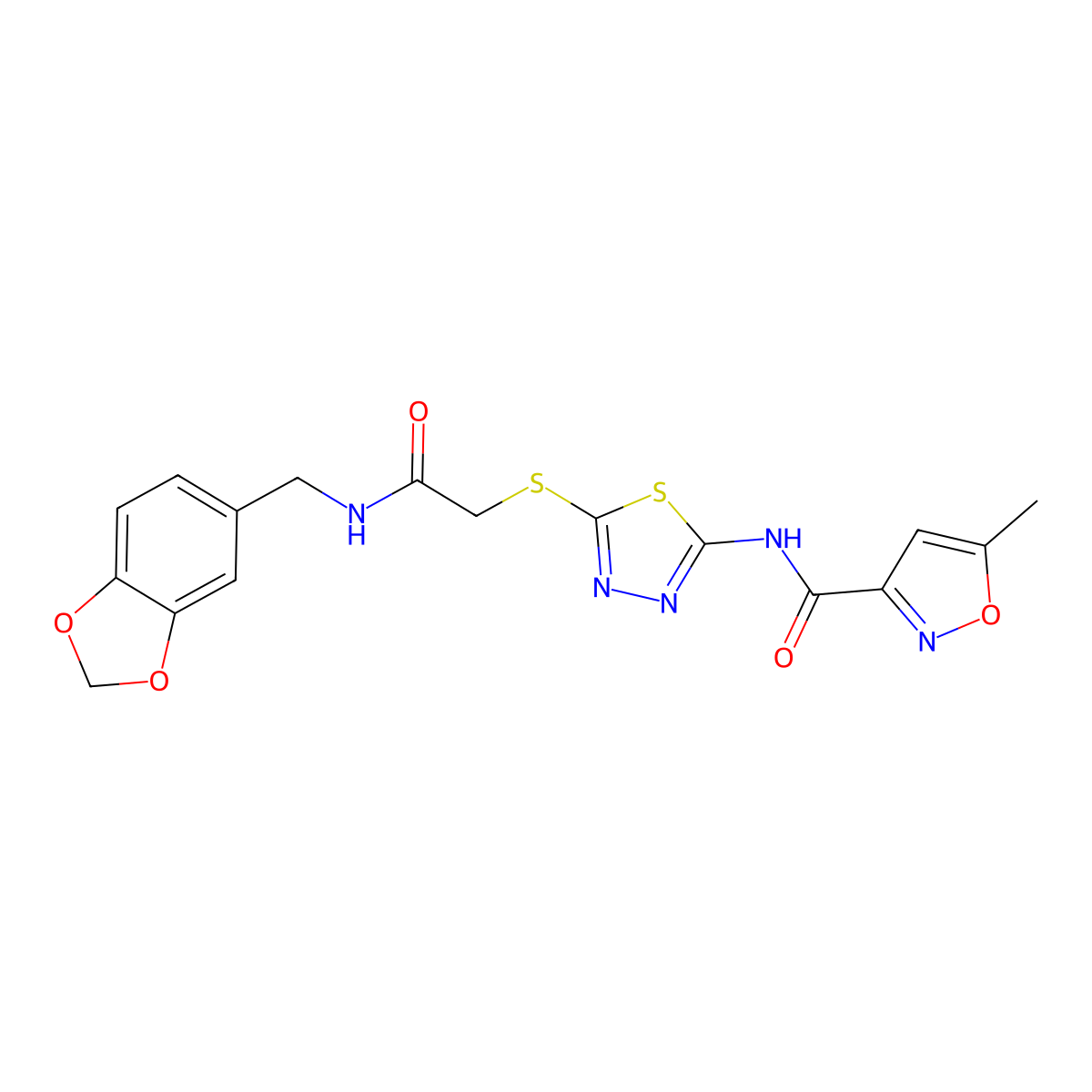 N-(5-((2-((benzo[d][1,3]dioxol-5-ylmethyl)amino)-2-oxoethyl)thio)-1,3,4-thiadiazol-2-yl)-5-methylisoxazole-3-carboxamide molecular structure, CAS 1219902-02-9