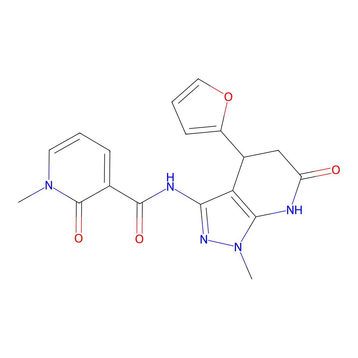 N-(4-(furan-2-yl)-1-methyl-6-oxo-4,5,6,7-tetrahydro-1H-pyrazolo[3,4-b]pyridin-3-yl)-1-methyl-2-oxo-1,2-dihydropyridine-3-carboxamide molecular structure, CAS 1219902-13-2