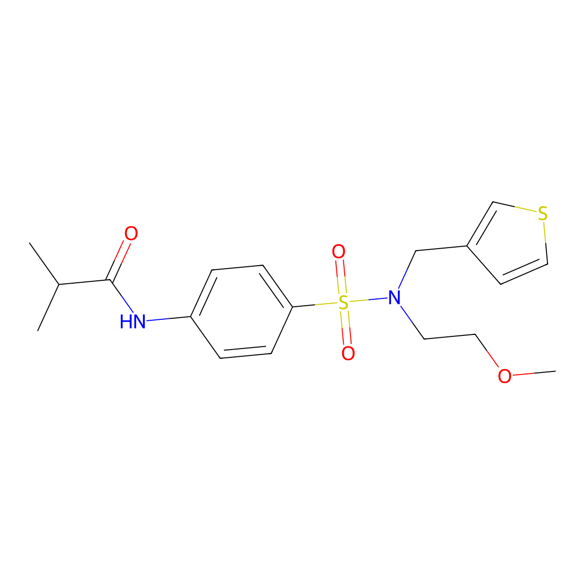 N-(4-(N-(2-methoxyethyl)-N-(thiophen-3-ylmethyl)sulfamoyl)phenyl)isobutyramide molecular structure, CAS 1219902-14-3