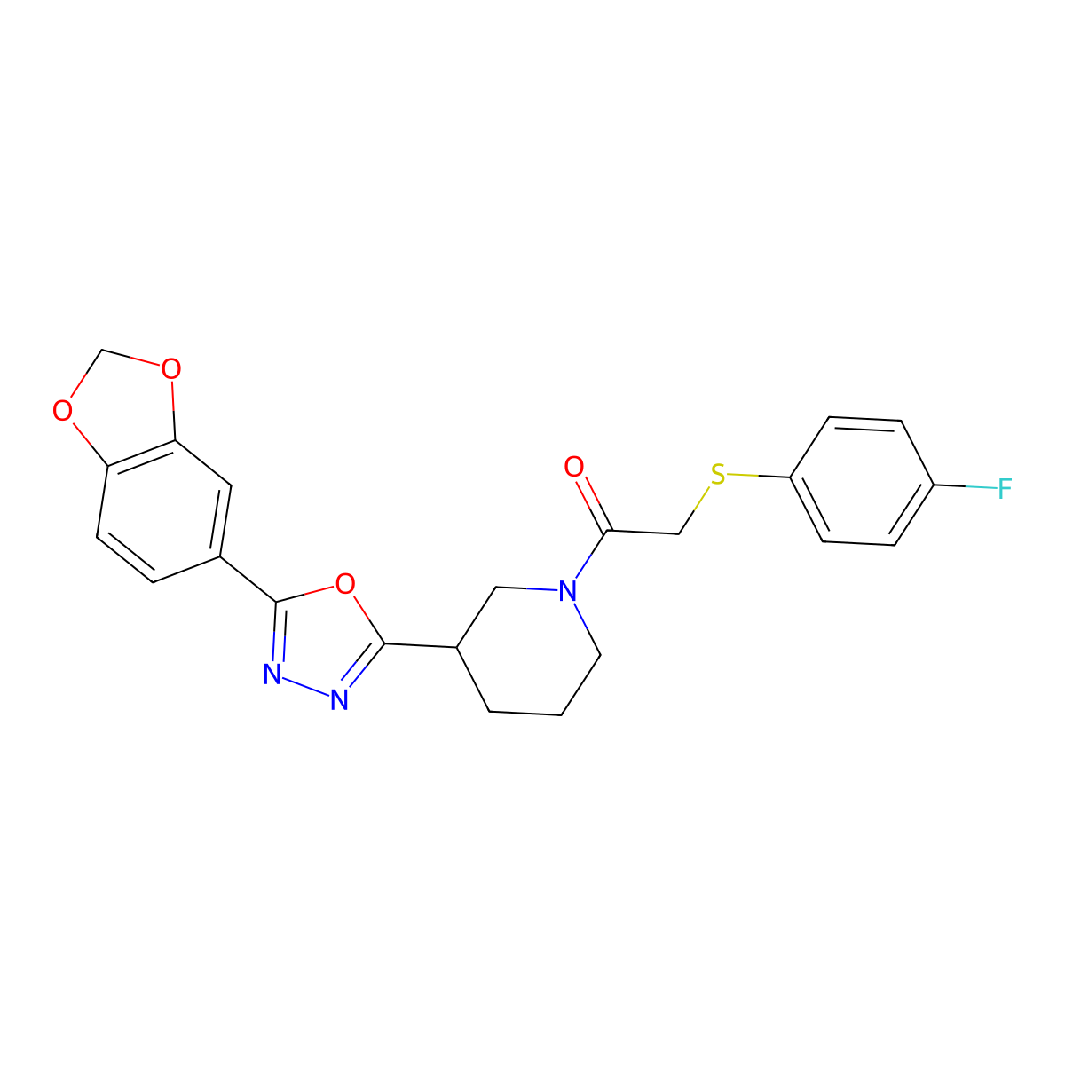1-{3-[5-(2H-1,3-benzodioxol-5-yl)-1,3,4-oxadiazol-2-yl]piperidin-1-yl}-2-[(4-fluorophenyl)sulfanyl]ethan-1-one molecular structure, CAS 1219902-31-4