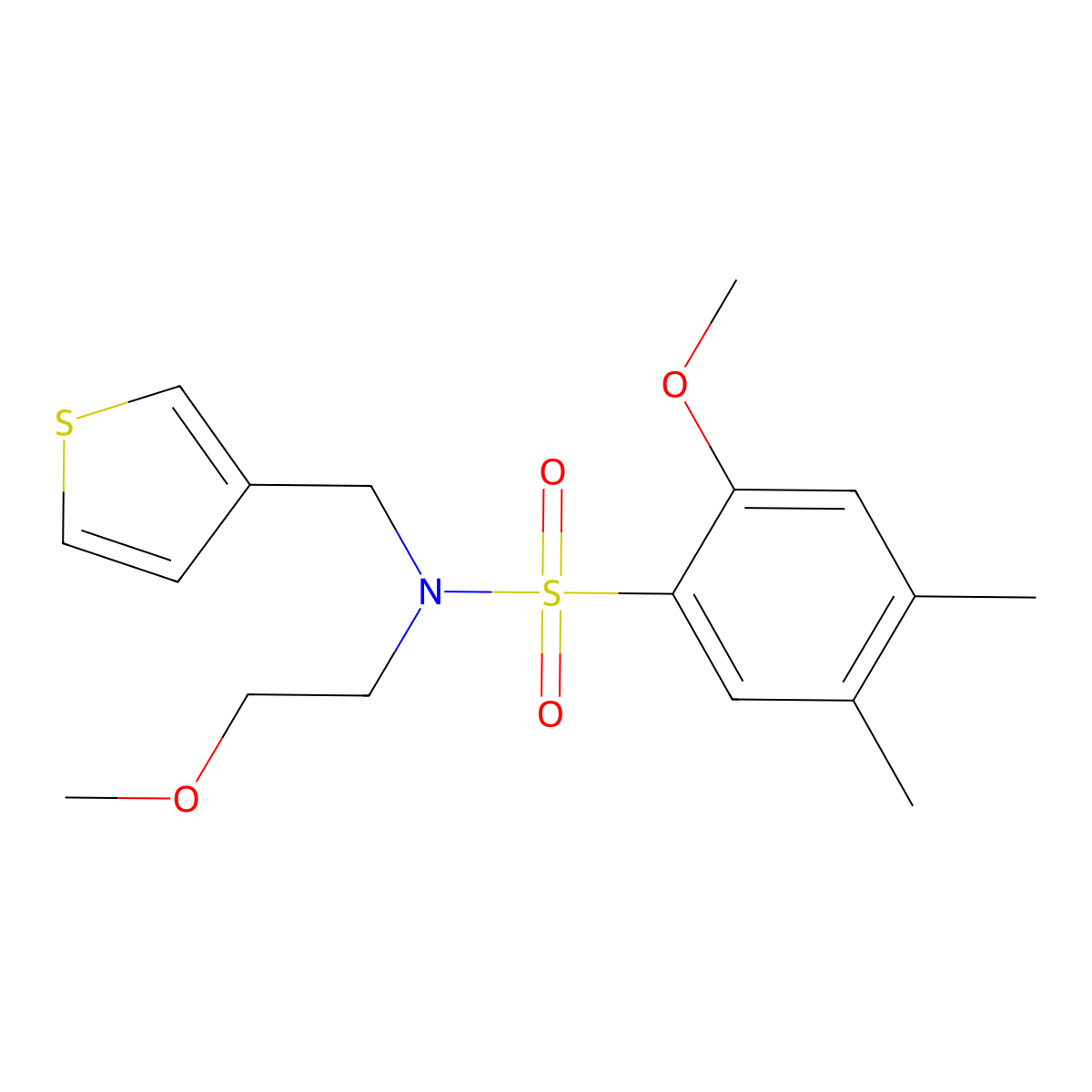 2-methoxy-N-(2-methoxyethyl)-4,5-dimethyl-N-(thiophen-3-ylmethyl)benzenesulfonamide molecular structure, CAS 1219902-33-6