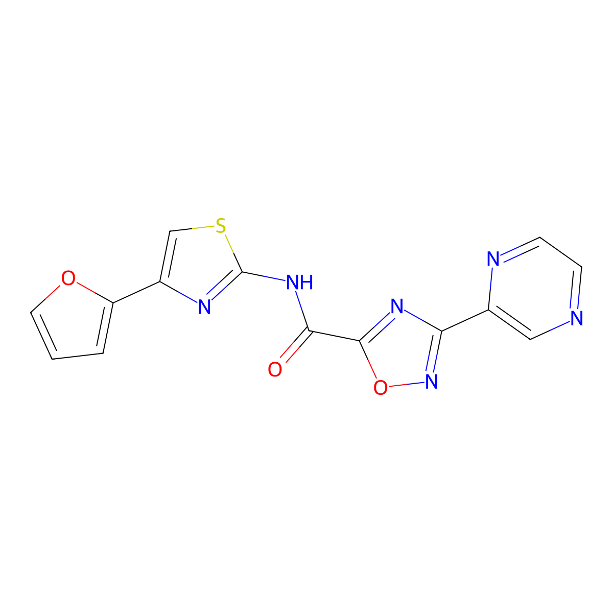 N-(4-(furan-2-yl)thiazol-2-yl)-3-(pyrazin-2-yl)-1,2,4-oxadiazole-5-carboxamide molecular structure, CAS 1219902-37-0