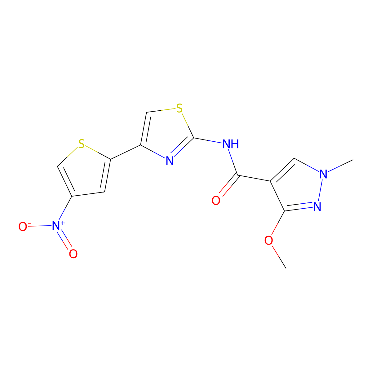 3-methoxy-1-methyl-N-(4-(4-nitrothiophen-2-yl)thiazol-2-yl)-1H-pyrazole-4-carboxamide molecular structure, CAS 1219902-50-7