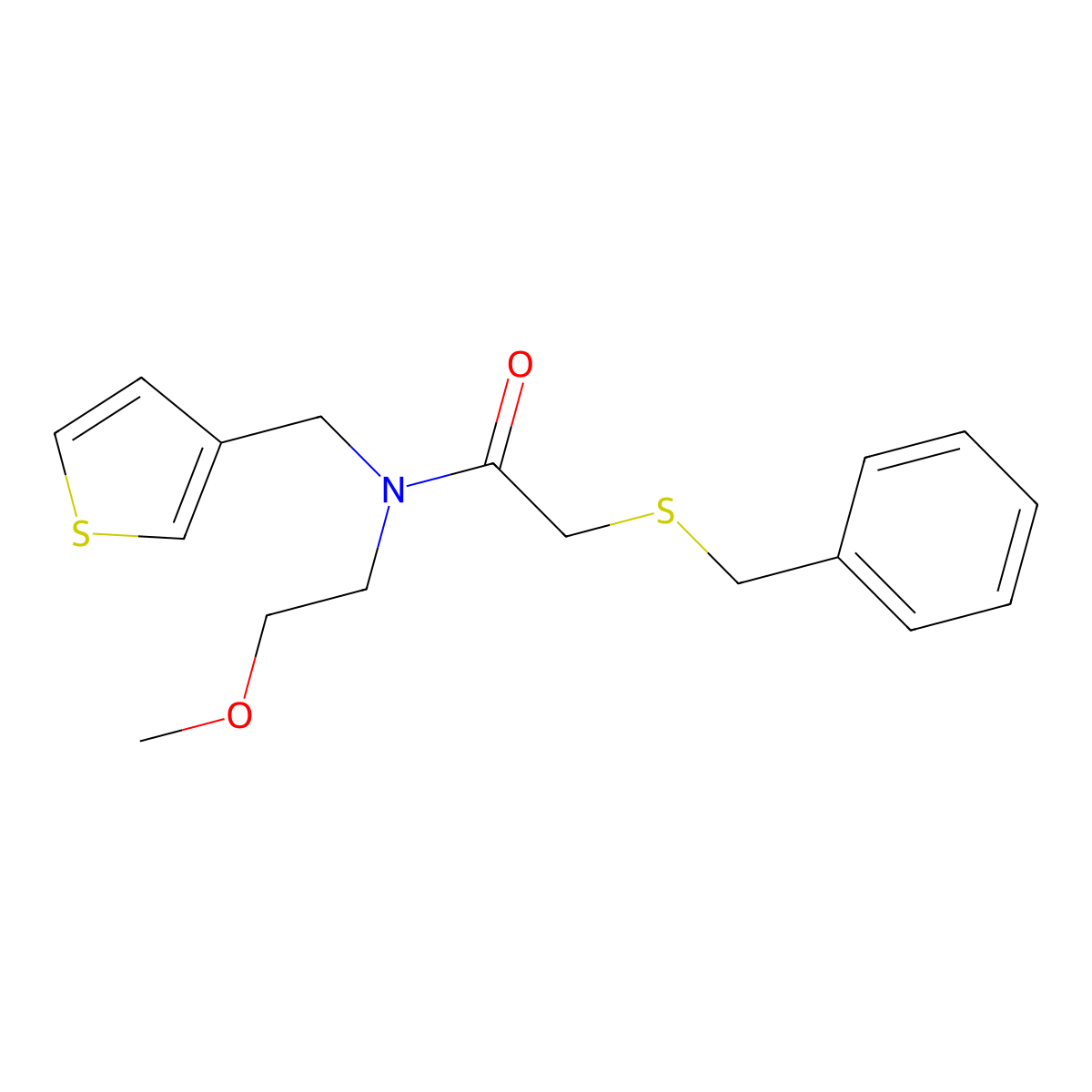 2-(benzylthio)-N-(2-methoxyethyl)-N-(thiophen-3-ylmethyl)acetamide molecular structure, CAS 1219902-60-9
