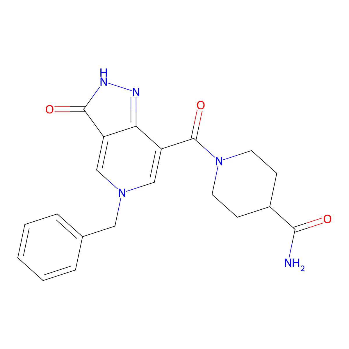 1-(5-benzyl-3-oxo-3,5-dihydro-2H-pyrazolo[4,3-c]pyridine-7-carbonyl)piperidine-4-carboxamide molecular structure, CAS 1219902-62-1