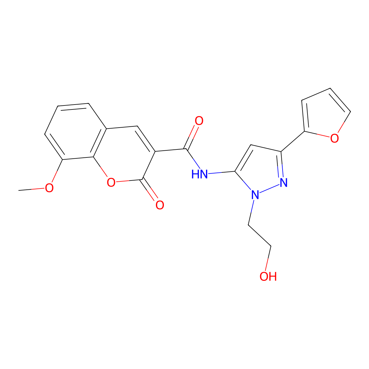 N-[3-(furan-2-yl)-1-(2-hydroxyethyl)-1H-pyrazol-5-yl]-8-methoxy-2-oxo-2H-chromene-3-carboxamide molecular structure, CAS 1219902-65-4