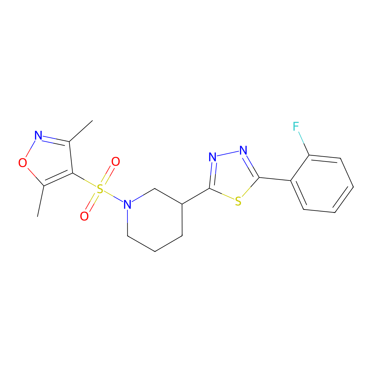 4-((3-(5-(2-Fluorophenyl)-1,3,4-thiadiazol-2-yl)piperidin-1-yl)sulfonyl)-3,5-dimethylisoxazole molecular structure, CAS 1219902-66-5