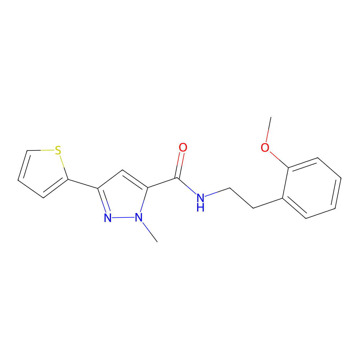 N-(2-methoxyphenethyl)-1-methyl-3-(thiophen-2-yl)-1H-pyrazole-5-carboxamide molecular structure, CAS 1219902-67-6