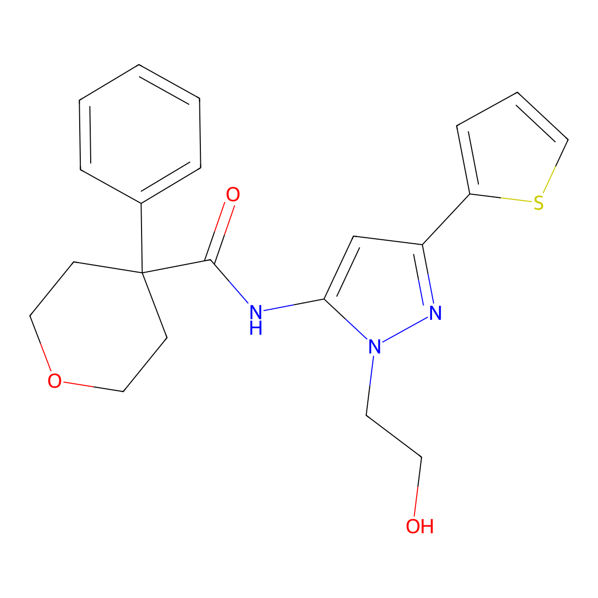 N-(1-(2-hydroxyethyl)-3-(thiophen-2-yl)-1H-pyrazol-5-yl)-4-phenyltetrahydro-2H-pyran-4-carboxamide molecular structure, CAS 1219902-68-7
