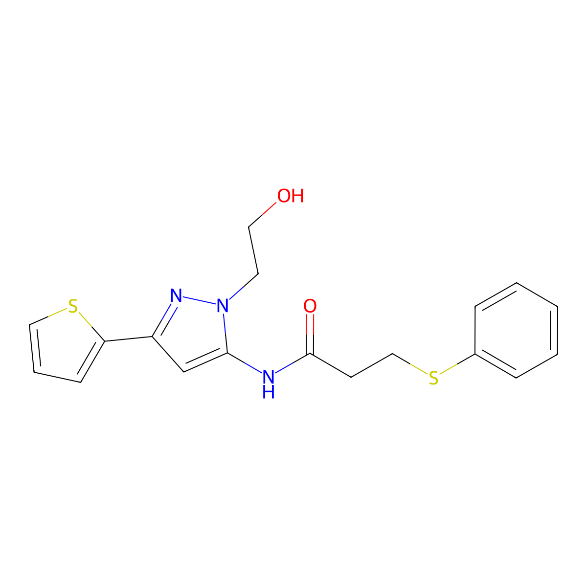 N-(1-(2-hydroxyethyl)-3-(thiophen-2-yl)-1H-pyrazol-5-yl)-3-(phenylthio)propanamide molecular structure, CAS 1219902-72-3