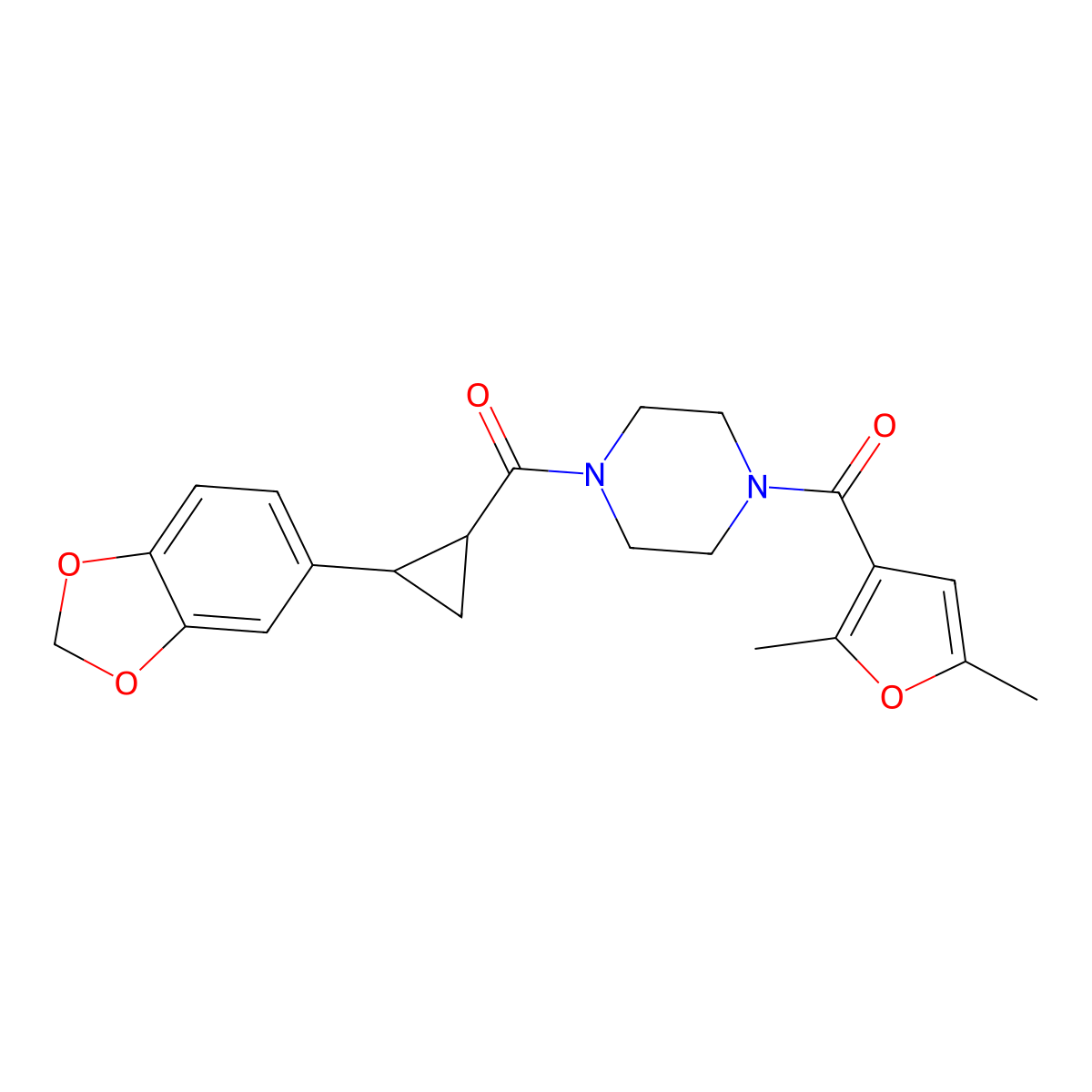 (4-(2-(Benzo[d][1,3]dioxol-5-yl)cyclopropanecarbonyl)piperazin-1-yl)(2,5-dimethylfuran-3-yl)methanone molecular structure, CAS 1219902-76-7