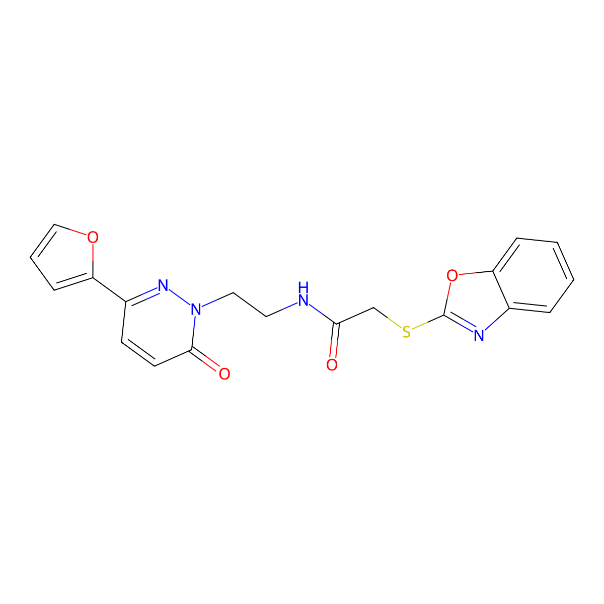 2-(benzo[d]oxazol-2-ylthio)-N-(2-(3-(furan-2-yl)-6-oxopyridazin-1(6H)-yl)ethyl)acetamide molecular structure, CAS 1219902-78-9