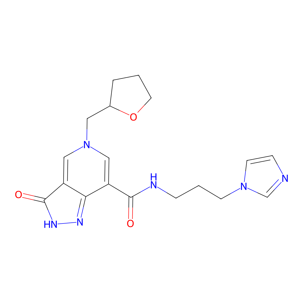 N-(3-(1H-imidazol-1-yl)propyl)-3-oxo-5-((tetrahydrofuran-2-yl)methyl)-3,5-dihydro-2H-pyrazolo[4,3-c]pyridine-7-carboxamide molecular structure, CAS 1219902-85-8