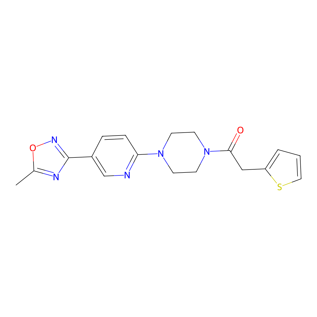 1-(4-(5-(5-Methyl-1,2,4-oxadiazol-3-yl)pyridin-2-yl)piperazin-1-yl)-2-(thiophen-2-yl)ethanone molecular structure, CAS 1219902-91-6